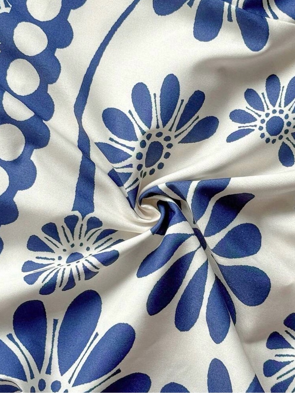Blue and White Floral Satin Fabric